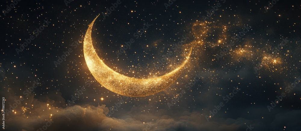 Fototapeta premium A crescent moon with golden light shines brightly in a night sky full of sparkling stars.