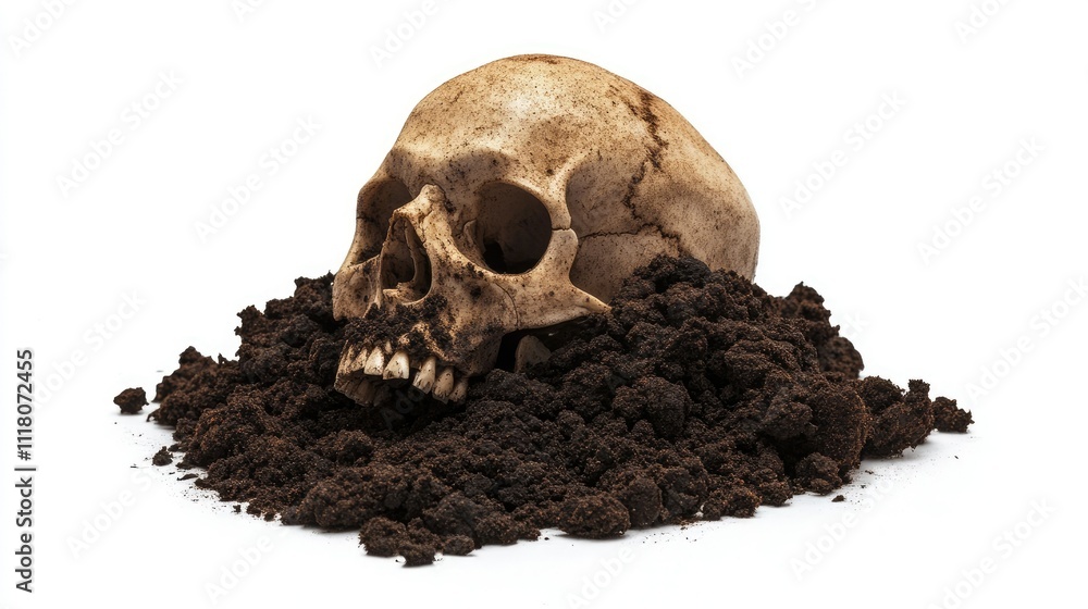 The stark contrast of a human skull surrounded by dirt, isolated against a pristine white background The stark contrast of a human skull surrounded by dirt, isolated against a pristine white background