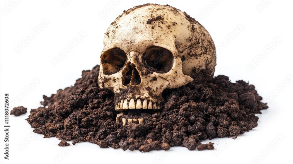 The stark contrast of a human skull surrounded by dirt, isolated against a pristine white background The stark contrast of a human skull surrounded by dirt, isolated against a pristine white background