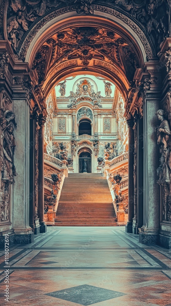 Obraz premium A grand staircase framed by ornate arches and intricate sculptures in a historical building.