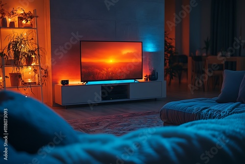 A cozy living room illuminated by the warm glow of a TV at night