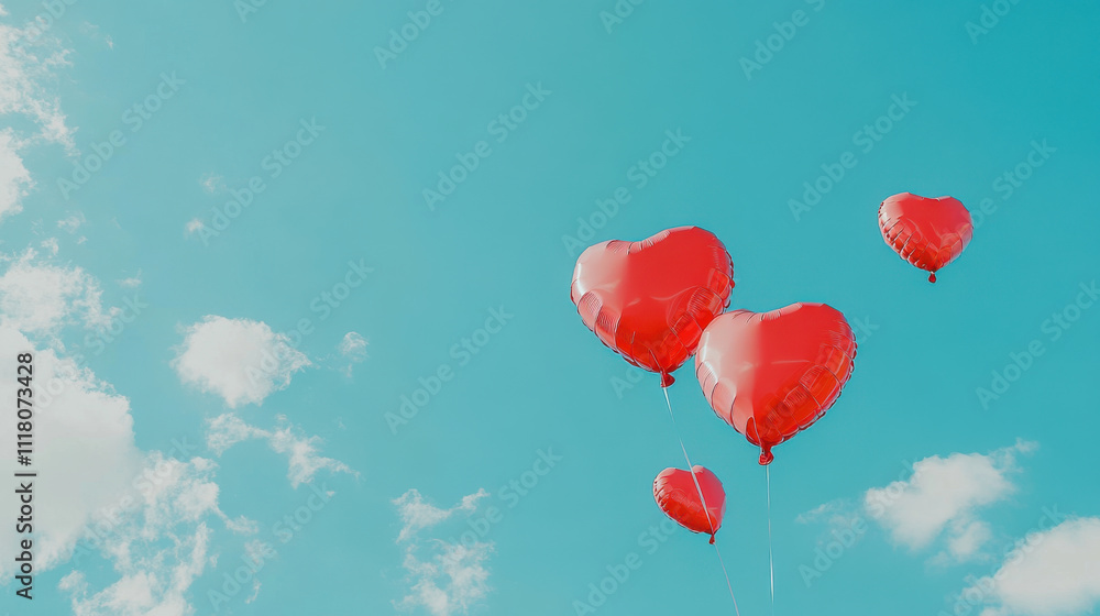 Floating heart shaped balloons in bright blue sky evoke joy Floating heart shaped balloons in bright blue sky evoke joy