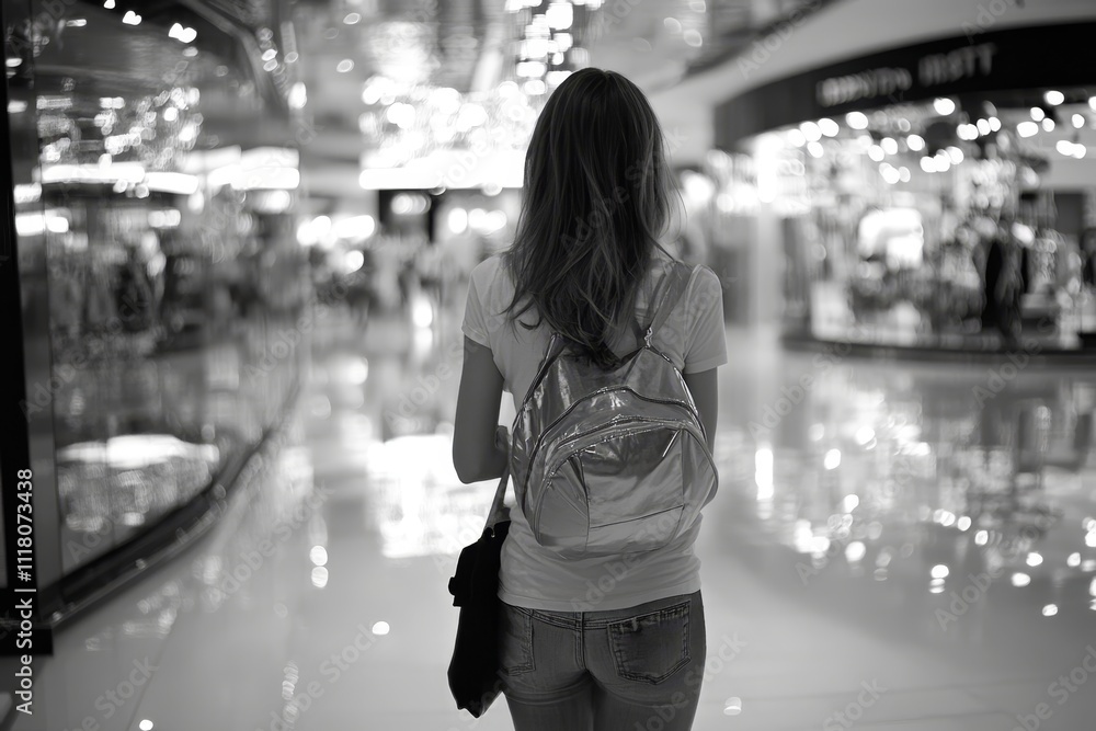 Young woman enjoys shopping experience at a vibrant mall filled with diverse retail choices Young woman enjoys shopping experience at a vibrant mall filled with diverse retail choices