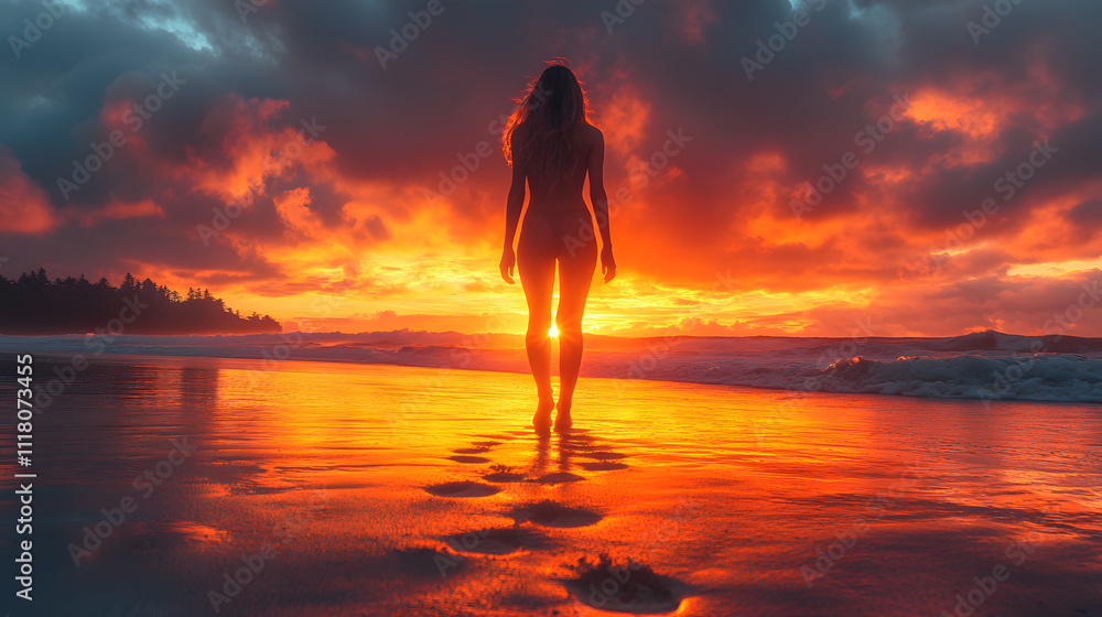 Photography of a model walking barefoot along the beach, with footprints in the wet sand, a soft breeze tousling their hair, and a dramatic sky of clouds illuminated by the golden hour. Photography of a model walking barefoot along the beach, with footprints in the wet sand, a soft breeze tousling their hair, and a dramatic sky of clouds illuminated by the golden hour.