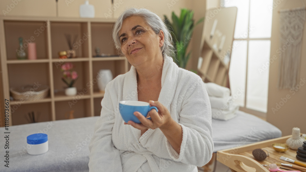 Mature grey-haired woman in a white robe holding a blue cup in a spa room with shelves and wellness products Mature grey-haired woman in a white robe holding a blue cup in a spa room with shelves and wellness products