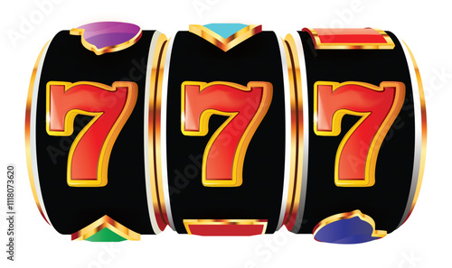 Black and gold bright shiny 777 slot machine with three sevens for casino games. Banner for the website.