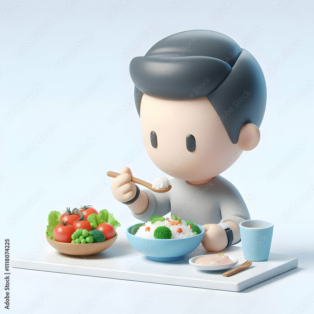 3D Person practicing mindful eating with a healthy meal copy space on left concept as An individual enjoying a healthy meal mindfully emphasizing nutrition and self care with ample copy space on the l