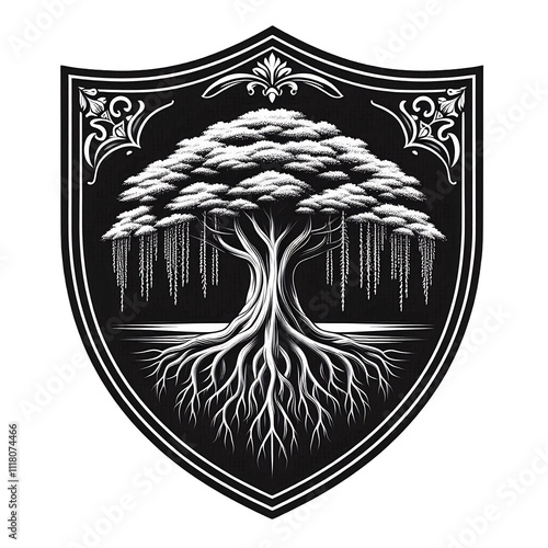 Illustration of a banyan tree with hanging roots and lush foliage, drawn in black and white with a decorative shield-shaped frame.