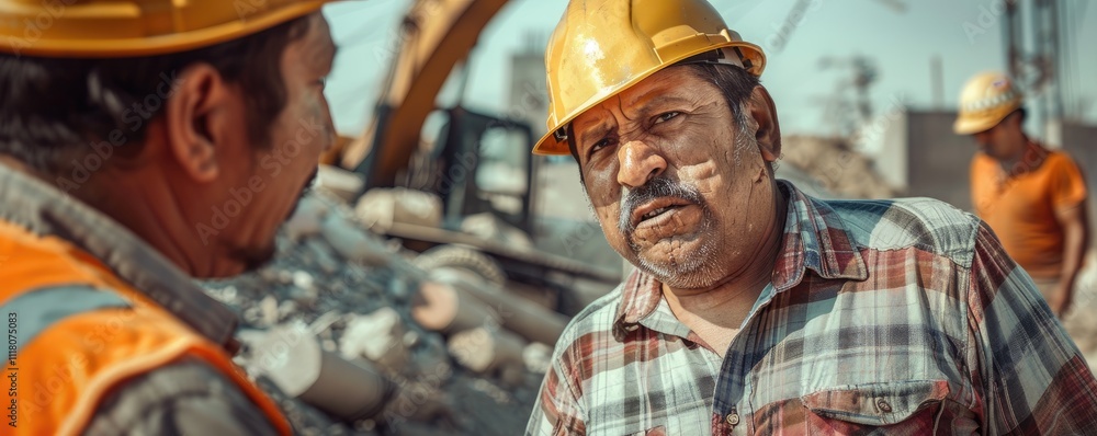 Two construction workers in helmets have a spirited discussion at a bustling construction site, surrounded by heavy machinery, creating a sense of dynamic teamwork