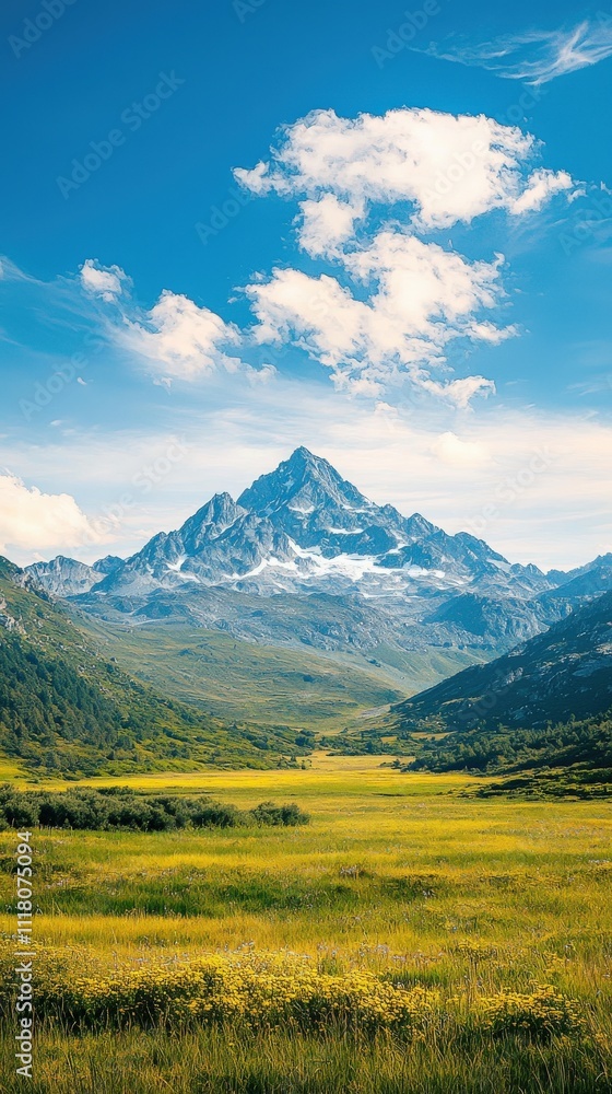 A breathtaking mountain landscape under a clear blue sky, featuring lush green fields and distant snow-capped peaks. A breathtaking mountain landscape under a clear blue sky, featuring lush green fields and distant snow-capped peaks.
