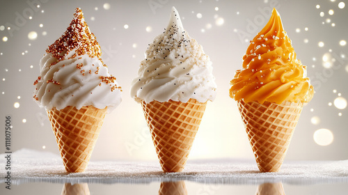 Delicious display of three colorful ice cream cones on a marble surface