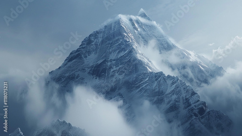 A serene mountain peak at dawn, where mist swirls around rugged slopes in ethereal tranquility. photo