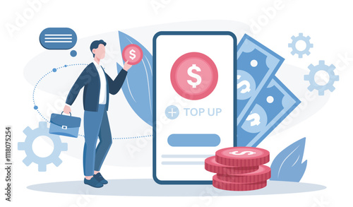 Digital currency at phone. Man with coins and banknotes near smartphone. Cashless money transfers and transactions. Electronic commerce. Flat vector illustration