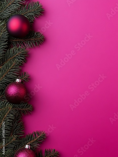 Composizione natalizia minimalista con rami di pino e palline di Natale rosse opache e glitterate disposte su uno sfondo rosa acceso. Ideale per temi festivi, design creativo e biglietti natalizi. photo