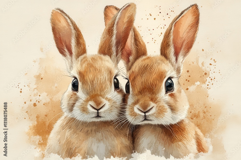 Obraz premium Two adorable rabbits with soft fur and expressive eyes, set against a warm background.