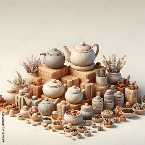 Wallpaper Mural 3D Plain background with neatly arranged herbal teas and teapots copy space on side. concept as Simple plain background displaying a selection of neatly arranged herbal teas and elegant teapots repres Torontodigital.ca