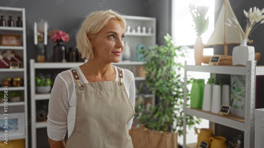 Blonde woman with short hair wearing apron in a home decor store surrounded by various decorative items in an indoor setting Blonde woman with short hair wearing apron in a home decor store surrounded by various decorative items in an indoor setting