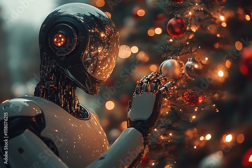 A futuristic Christmas scene with a robot adorned in a silver and black suit, gazing at a twinkling Christmas tree decorated with red and silver ornaments.