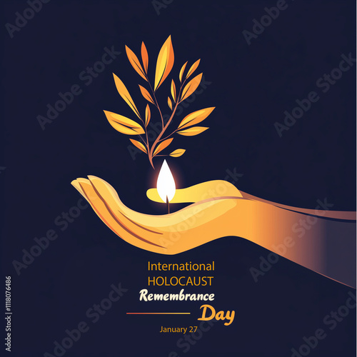 Illustration for International Holocaust Remembrance Day with a hand holding a glowing candle and olive branch, symbolizing peace, reflection, and honor on a dark background. photo