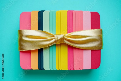 hyper realistic photo of  Top view colourful Shop gift cards in shape of present box with a bow of satin ribbon on bright turquoise background photo