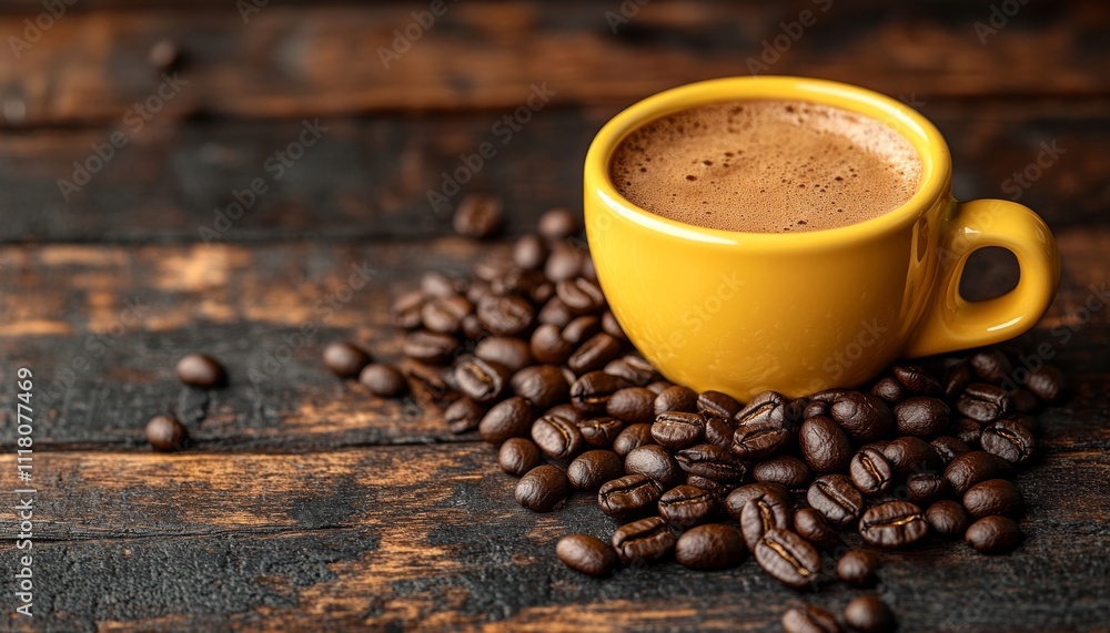 Steaming Cup of Coffee on Rustic Wood with Roasted Coffee Beans, Warm and Aromatic Coffee Break Steaming Cup of Coffee on Rustic Wood with Roasted Coffee Beans, Warm and Aromatic Coffee Break