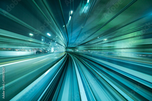Motion blur of train moving inside tunnel in Tokyo, Japan