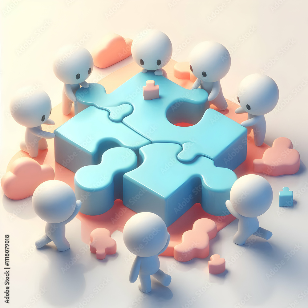 3D Soft abstract digital art with team members solving puzzle copy space below. concept as Team members solving a puzzle on a soft abstract digital art background representing collaboration and proble 3D Soft abstract digital art with team members solving puzzle copy space below. concept as Team members solving a puzzle on a soft abstract digital art background representing collaboration and proble
