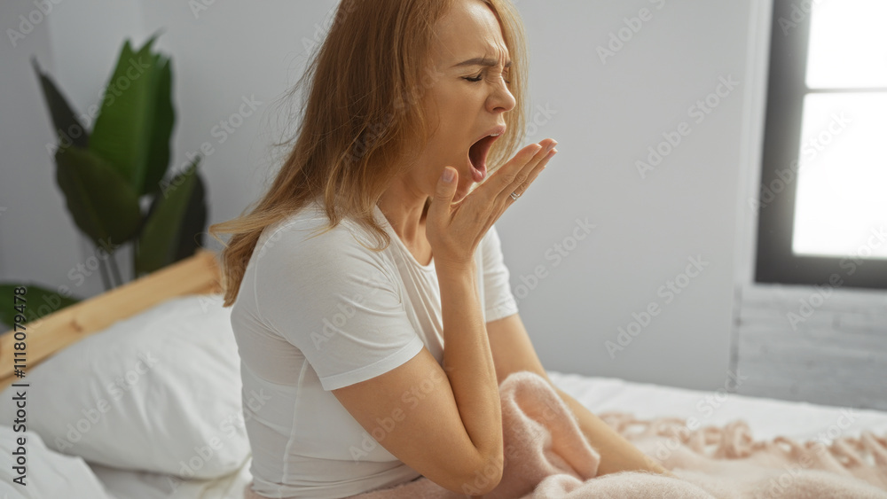 Woman yawning in bedroom on bed suggests morning routine in bright home interior setting with peaceful ambiance reflecting relaxation and comfort in a serene environment. Woman yawning in bedroom on bed suggests morning routine in bright home interior setting with peaceful ambiance reflecting relaxation and comfort in a serene environment.