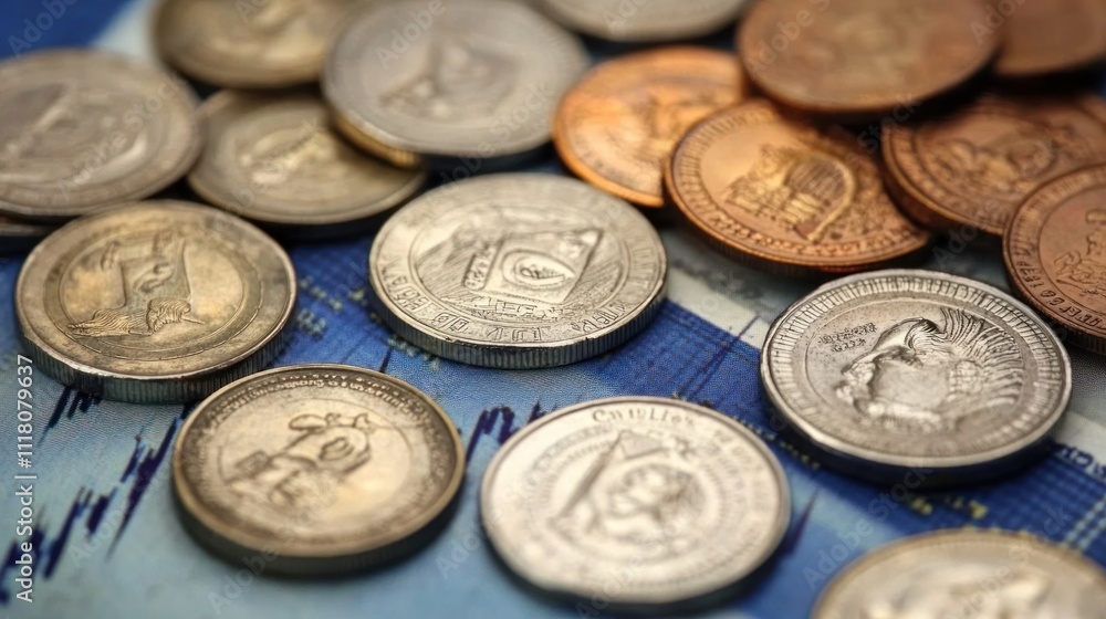 Close-up of various coins scattered on a stock market chart, illustrating financial concepts. Close-up of various coins scattered on a stock market chart, illustrating financial concepts.