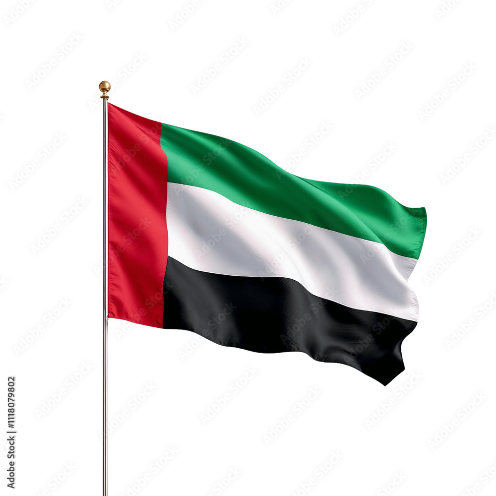 The United Arab Emirates flag waves prominently against a dark background, emphasizing its bold colors and design. This image represents national pride and Emirati identity. The United Arab Emirates flag waves prominently against a dark background, emphasizing its bold colors and design. This image represents national pride and Emirati identity.
