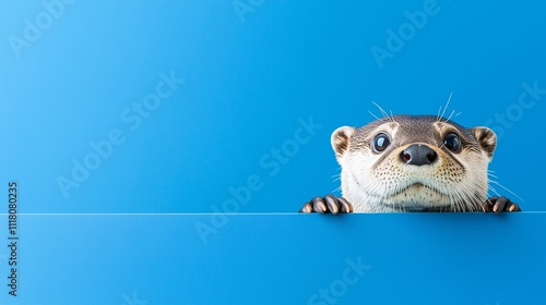 Curious otter looking over a blue surface with a bright blue backdrop, great for animal campaigns or children’s content photo