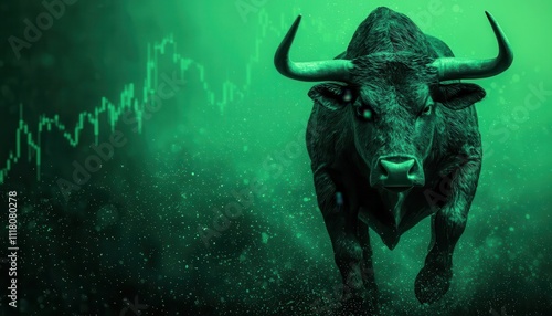 Digital rendering of a bullish market trend, glowing green with a fierce bull charging through stock charts, rising profits, Profits bullish bearish