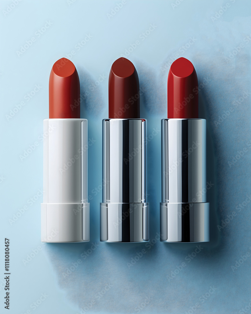 Variety of red lipstick shades an a pale blue background Variety of red lipstick shades an a pale blue background