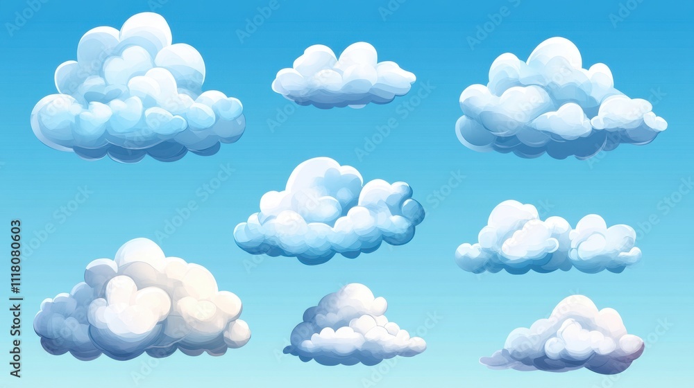 A vibrant illustration of various fluffy clouds against a blue sky, showcasing different shapes and sizes. A vibrant illustration of various fluffy clouds against a blue sky, showcasing different shapes and sizes.