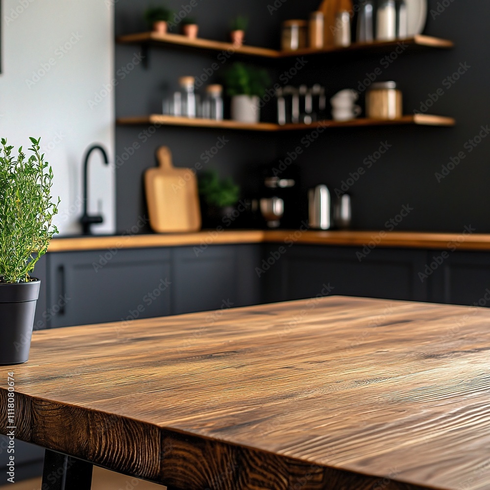 Modern Wooden Kitchen Island with Fresh Herbs and Minimalist Decor Modern Wooden Kitchen Island with Fresh Herbs and Minimalist Decor