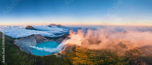 Aerial panorama drone view of mount Kawah Ijen volcano crater at sunrise, East Java, Indonesia
