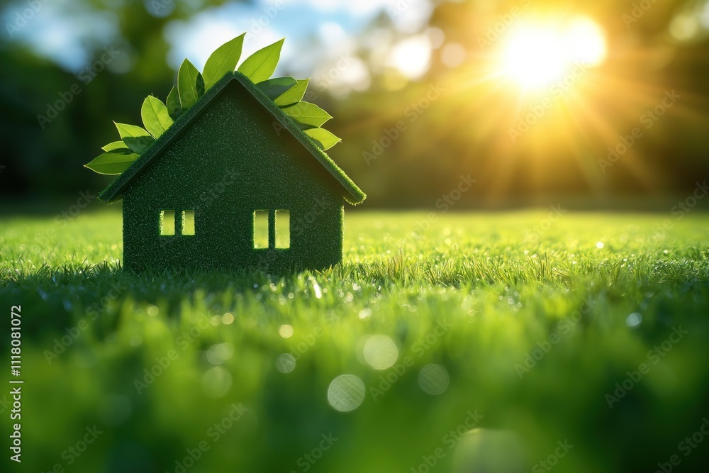 Eco-friendly house icon stands on rich green lawn. Sunlight shines above. Image represents green construction, sustainable homes. Concept shows eco-conscious housing solutions. Image evokes Eco-friendly house icon stands on rich green lawn. Sunlight shines above. Image represents green construction, sustainable homes. Concept shows eco-conscious housing solutions. Image evokes