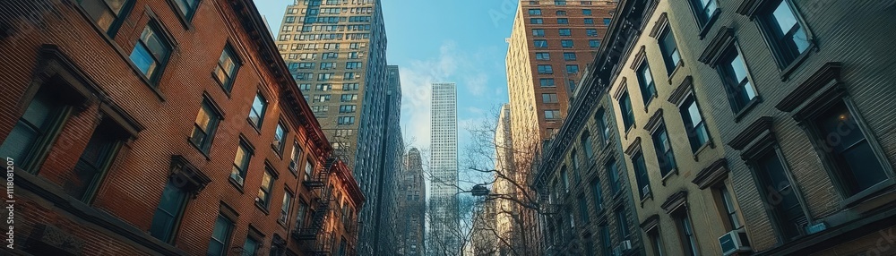 A view of skyscrapers from a quiet side street, a peaceful contrast A view of skyscrapers from a quiet side street, a peaceful contrast