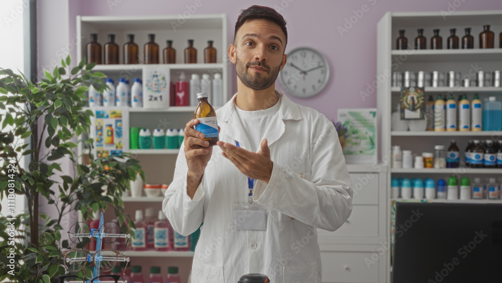A handsome young hispanic man with a beard is showcasing a product inside a well-stocked pharmacy store, standing confidently in a white lab coat. A handsome young hispanic man with a beard is showcasing a product inside a well-stocked pharmacy store, standing confidently in a white lab coat.