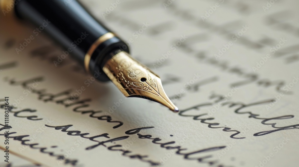 Golden fountain pen gliding across aged paper, crafting a beautiful cursive letter and evoking nostalgia for traditional communication methods steeped in history and elegance Golden fountain pen gliding across aged paper, crafting a beautiful cursive letter and evoking nostalgia for traditional communication methods steeped in history and elegance