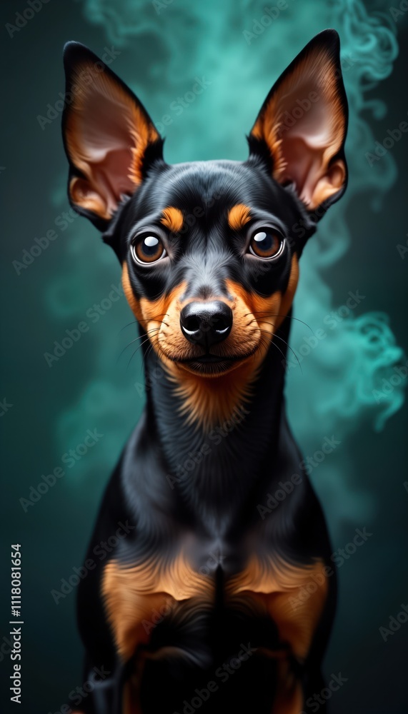 Adorable black, tan miniature pinscher dog in studio portrait. Small dog with attentive gaze. Pet animal photo. Purebred domestic dog breed. Cute pet image. Ideal for pet lovers. Studio shot isolated Adorable black, tan miniature pinscher dog in studio portrait. Small dog with attentive gaze. Pet animal photo. Purebred domestic dog breed. Cute pet image. Ideal for pet lovers. Studio shot isolated