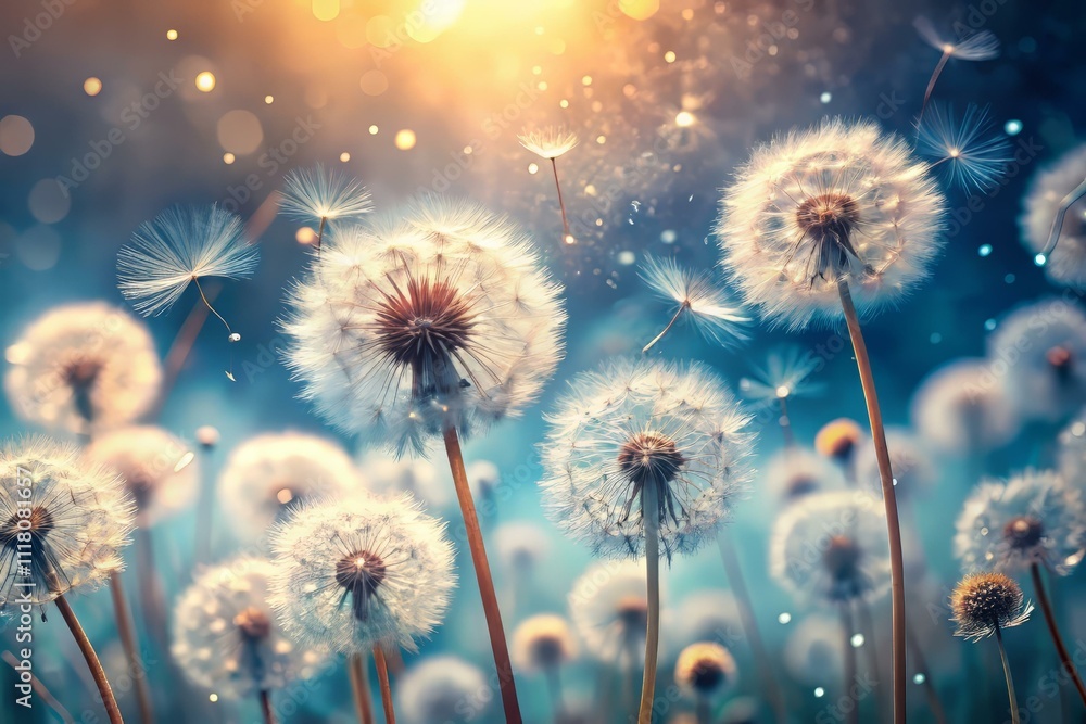 Dandelion seeds floating gracefully nature's dance close-up sunlit field serene atmosphere tranquility concept Dandelion seeds floating gracefully nature's dance close-up sunlit field serene atmosphere tranquility concept