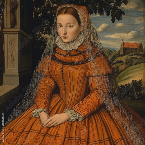 A detailed portrait capturing the elegance of a woman adorned in historical attire, featuring fine textures.