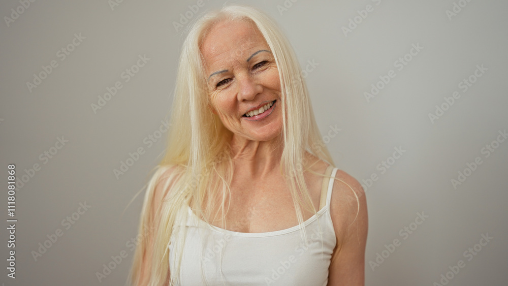 Woman with albinism smiling in front of white wall, showcasing blonde hair and caucasian middle-aged features in an isolated environment. Woman with albinism smiling in front of white wall, showcasing blonde hair and caucasian middle-aged features in an isolated environment.