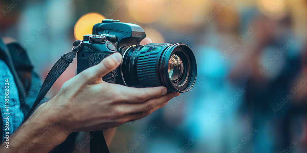 An individual holds a camera, poised to capture stunning moments, highlighting the art of photography. An individual holds a camera, poised to capture stunning moments, highlighting the art of photography.