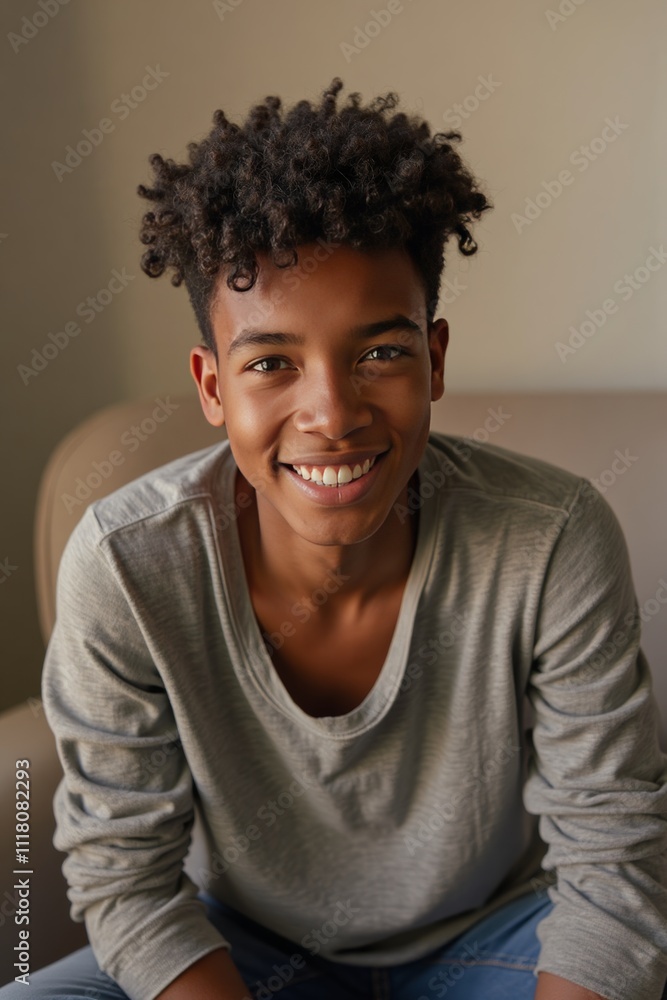 Smiling teenage boy with curly hair sitting on the couch in a cozy interior Smiling teenage boy with curly hair sitting on the couch in a cozy interior