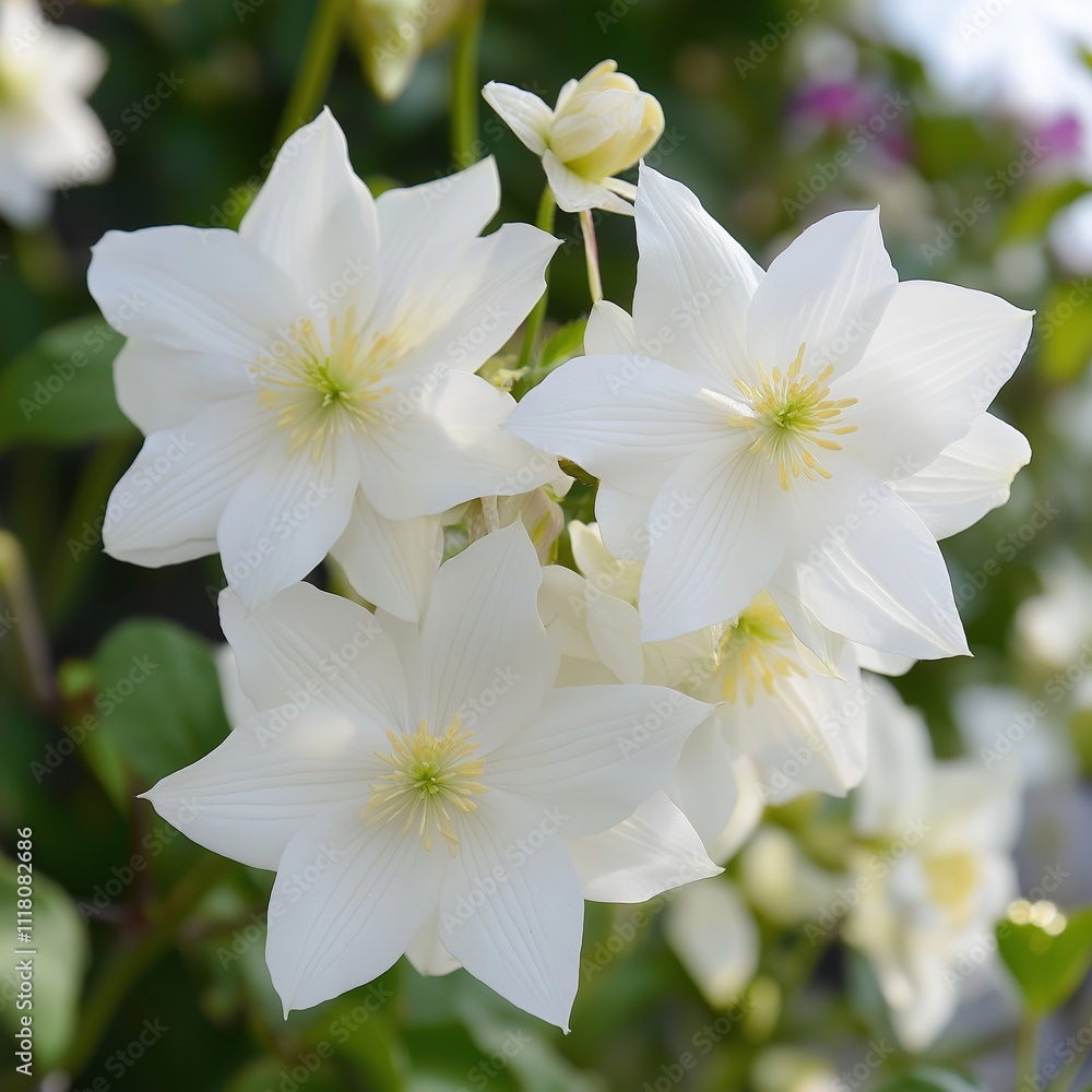 Fototapeta premium Delicate white flowers stand out against lush green foliage, creating a serene natural scene.