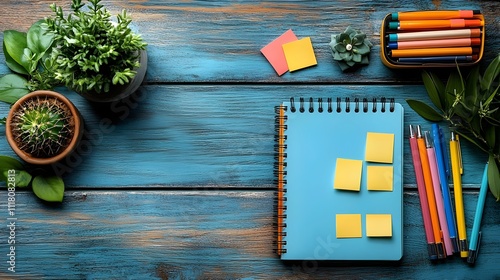 A blue notebook with yellow and pink sticky notes on it