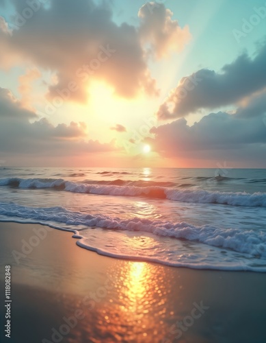 Golden sunrise paints sea. Waves gently kiss shore. Peaceful ambiance. Calm ocean water. Sunrise scenery. Scenic beach. Relaxing vacation mood. Ocean waves. Morning light. Sunrise over sea. Beautiful photo