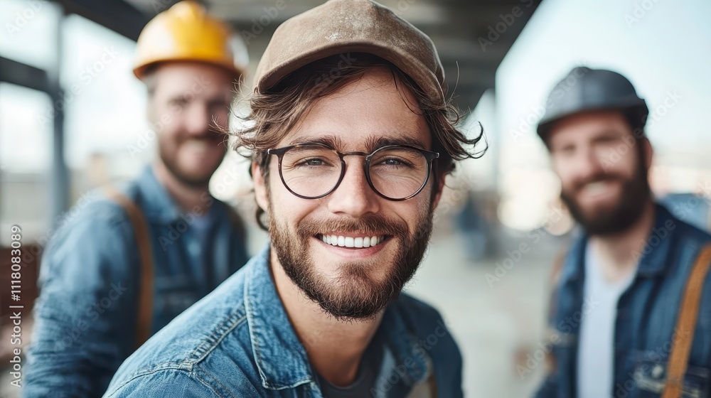 Happy Construction Workers Teamwork Smiling Men in Hard Hats and Denim Happy Construction Workers Teamwork Smiling Men in Hard Hats and Denim